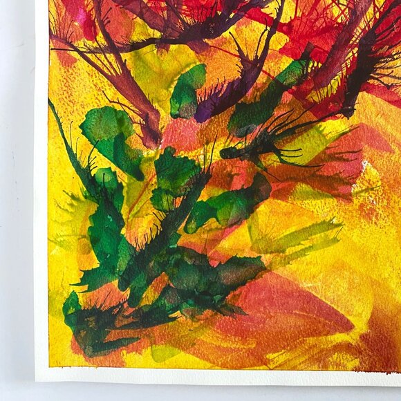 Desert Cactus Original Acrylic Inks Wall Art Painting 11x15in Red Green Yellow - Picture 6 of 10